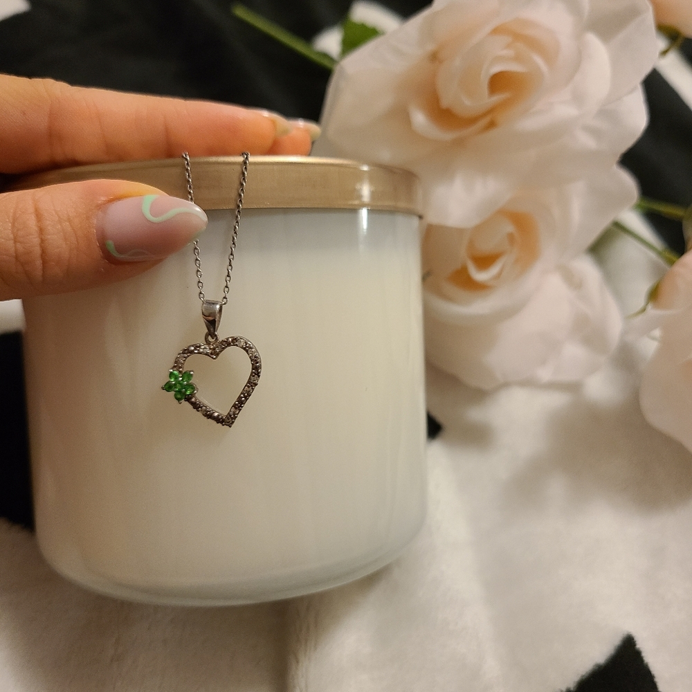Silver heart necklace with green accent